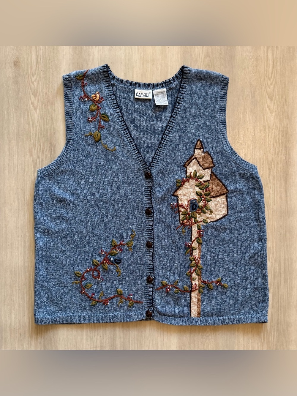 Vintage Capacity Knit Embroidered Beaded Vest w/ Birdhouse Floral Motif sz 2X